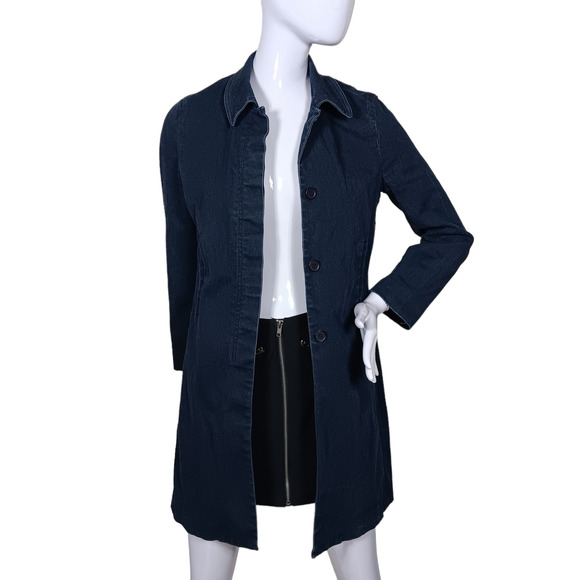 Chambray Long Jacket Unlined Size Small Dark Blue Wash Collared Buttons Closure - Picture 1 of 9